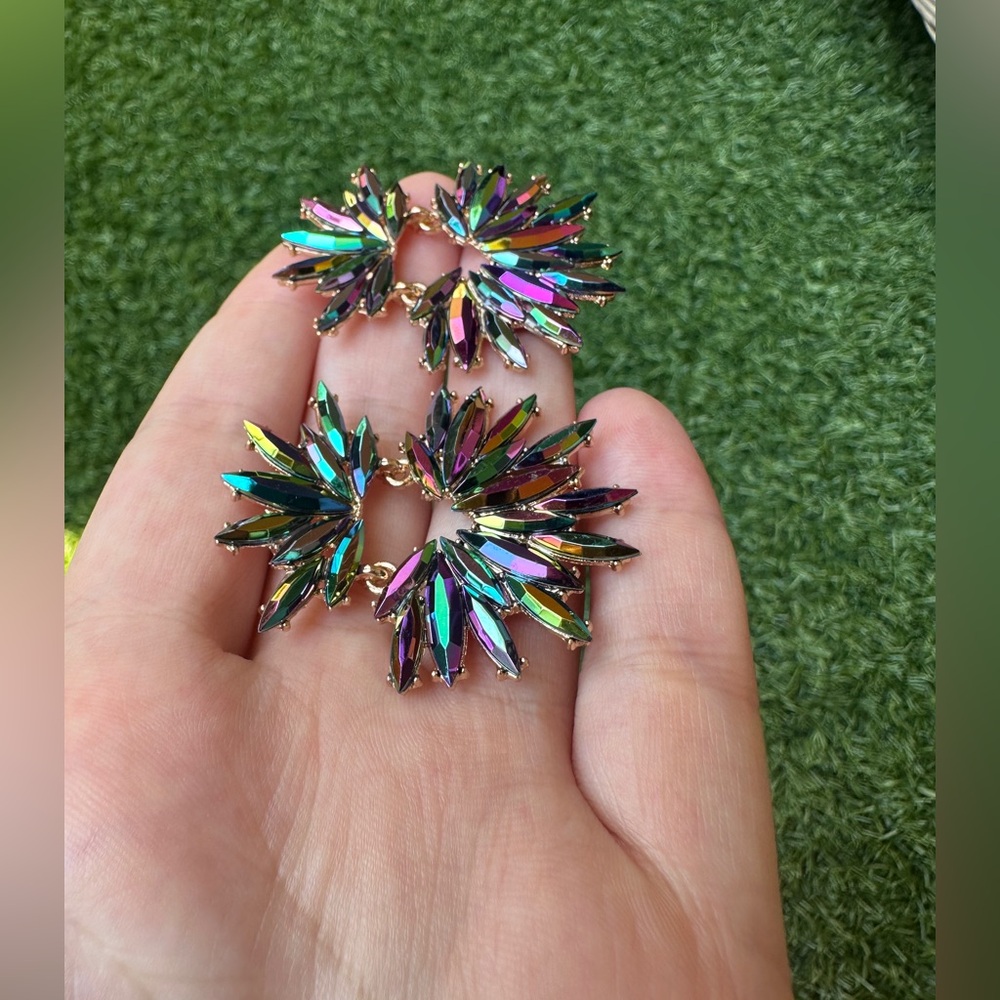 Rainbow Crystal Statement Earrings Large Sunburst… - image 3